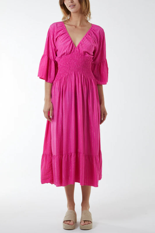 SALE ! Kylie Metallic Stripe Dress in Hot Pink